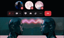 a screenshot of a video call with a statue in the background