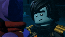 a cartoon character with a blue face and black hair holding a sword