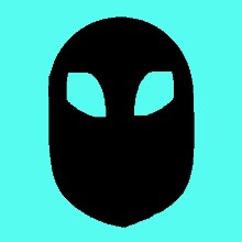 a black silhouette of an alien face with two eyes on a blue background