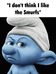 a smurf with an angry look on his face and the words " i don t think i like the smurfs "