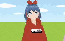 a girl with blue hair is wearing a red hoodie that says omesite on it