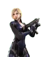 a woman in a blue suit is holding a gun with a white background