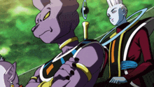 a cartoon drawing of a purple cat and a man with white hair