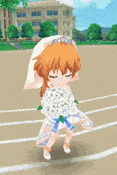 a girl in a wedding dress holding a bouquet of flowers