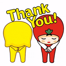 yellow cat tomato costume friends bowing thank you