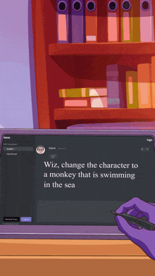 a person is writing on a laptop that says wiz change the character to a monkey that is swimming in the sea on it