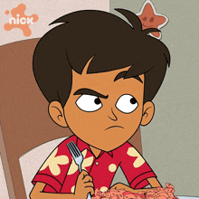 a cartoon of a boy holding a fork in front of a sign that says nick