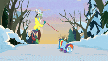 a cartoon drawing of a pony and a centaur standing in the snow