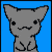 a pixel art drawing of a cat with a funny face on a blue background .