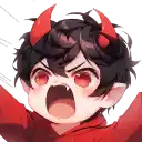 a little boy with horns on his head is wearing a red shirt .