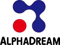 a logo for alphadream with a red circle and blue circles