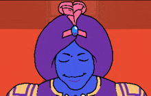 a pixel art drawing of a genie with his eyes closed and a pink bow on his head