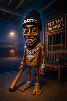 a cartoon character wearing a beanie that says blazzard on it