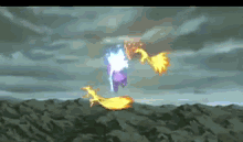 a video game scene with a purple and yellow pokemon flying through the air