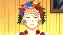 a girl wearing a wreath of flowers on her head is smiling