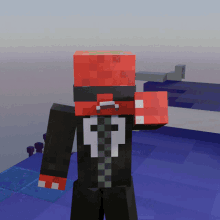 a minecraft character with a red head and a black shirt with a white p on it