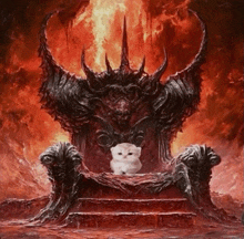 a white cat sits on a throne in a painting