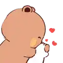 a brown teddy bear is holding a white cat and blowing hearts .