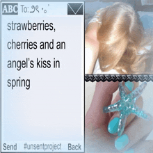 a message that says strawberries cherries and an angel 's kiss in spring on it