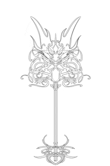 a black and white drawing of a sword with a floral design
