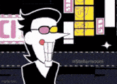 a cartoon character wearing sunglasses and a tie is smiling in front of a tetris game .