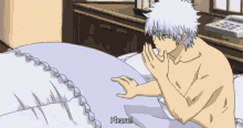 a shirtless anime character is kneeling on a bed and asking for a please