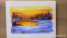 a painting of a snowy landscape with the words made in animotica below it