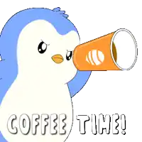 a blue and white penguin drinking from an orange cup with the words coffee time below it
