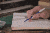 a person is writing in a book with a pen