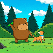 a cartoon bear is holding a green stick and a dog is walking by