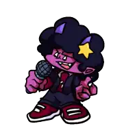 a cartoon character holding a microphone with a yellow star on his head