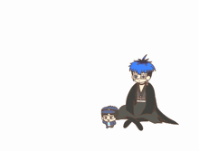 a cartoon drawing of a boy with blue hair holding a long stick