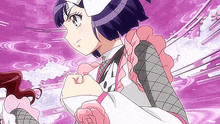 a girl in a maid outfit is standing in front of a purple sky .