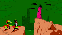 a cartoon drawing of a man standing on a cliff with the words rip anton written on his grave