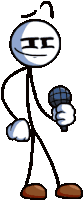 a stick figure is holding a microphone in his hand .