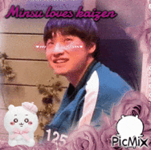 a picture of a man with purple hair and the words mitsu loves kaizen on it .