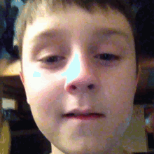 a close up of a boy 's face with a slight smile on his face