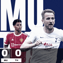 two soccer players are on a scoreboard with the score 0-0