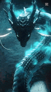 a black dragon with green eyes is surrounded by blue smoke