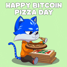 a cartoon cat is sitting next to a stack of pizza boxes with the words happy bitcoin pizza day