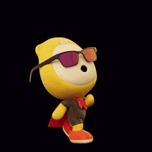 a cartoon character wearing 3d glasses and a cape says happy !