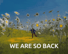 a person standing in a field of daisies with the words " we are so back " below them