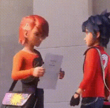 a couple of cartoon characters are standing next to each other .