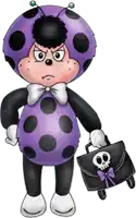 a ladybug is holding a black briefcase with a skull on the front