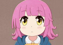 a girl with pink hair and yellow eyes is looking at the camera