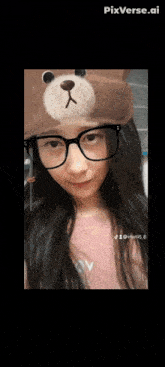 a girl wearing glasses and a teddy bear hat with pixverse.ai in the corner