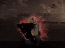 a cartoon character with a smiley face is holding a gun in the dark