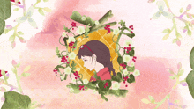 a drawing of a girl surrounded by flowers and vines