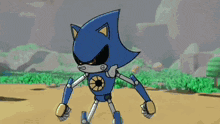 a robotic sonic the hedgehog is standing in the dark with a green light coming out of his body .