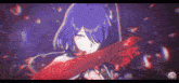 a girl with purple hair and a red scarf around her neck